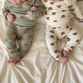Jaundzimušo Bērnu Zēniem ar garām Piedurknēm Bodysuit Pavasara Rudens Karikatūra Lācis Drukāt Toddler Ikdienas Apģērbu Komplekts 2pc Tērpiem