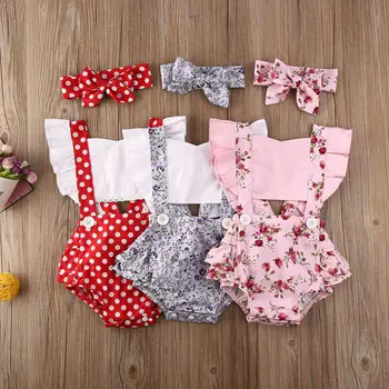 0-24M Baby Girl Apģērbu Polka Dot Drukāt Zieds Lidot Piedurknēm Romper Jumpsuit Galvu 3pcs Tērpiem Sunsuit Vasaras Bērnu Komplekts Meitenēm