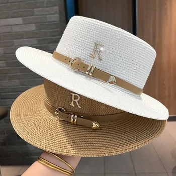 Saules cepure R logo salmu cepure krāsu jostas piederumi pludmales cepure vīriešu un sieviešu cepures flat top salmu cepure svarīgi, lai vasaras ceļojumiem
