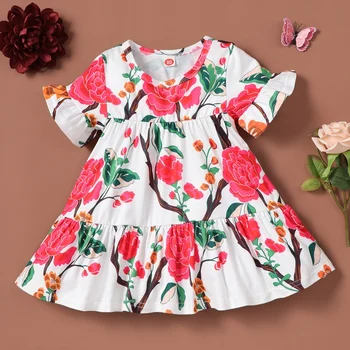 Baby Girl Dress Vasaras 2022 Jaunu Kokvilnas Mīksta Ziedu Drukāt Izlīdzināšanu Piedurknēm Bērnu Kleita Gadījuma Toddler Kleita Baby Girl Drēbes 0-18M