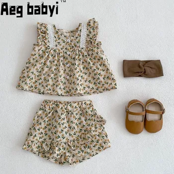 Vasaras Baby Girl Apģērbu Komplekts Mežģīņu Ziedu Peld Piedurknēm Topi+ Šorti 2gab Drēbes Uzvalku Kokvilnas Toddler Meitene Apģērbs Zīdainim