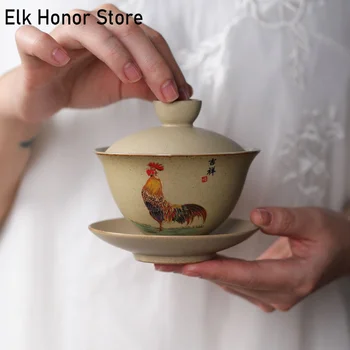 150ml Vintage Jingdezhen Tējas Tase Ķīnas Teaset Gailis Biroja GaiWan Archaistic Keramikas Tējas Bļodā Tēja Kafijas Tase un Apakštase Komplekts