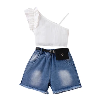 Citgeett Vasarā Bērniem Toddler Meiteņu Apģērbs Bez Piedurknēm Savirmot Apdari Topi + Siksnas Džinsa Bikses Kopa Drēbes