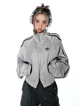 Korejas Sieviešu Streetwear Vintage Cyber Žaketes Estētisko Teachwear Rāvējslēdzēju Oversizer Mēteļi Harajuku Zip Up Topi Apģērbi