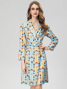 MoaaYina Modes Dizainere Vasaras Sieviešu V-veida Kakla ar garām Piedurknēm Karikatūra Drukāšanas Mežģīnes-up Eleganci Blue Coat
