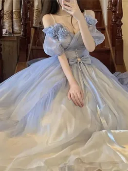 Ziedu Kāzu Lolita Kleita Gaismas Slīpuma Zilo Rozi Pasaku Princese Kawaii Salds Elegants Lolitas Tējas Puse Kleitas Viktorijas