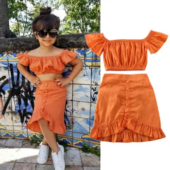 1-6Y 2GAB Toddler Bērniem, Baby Meiteņu Apģērbu Komplekti, Oranža Pie Pleca Topi Kultūru Savirmot-Line Svārki Apģērbs