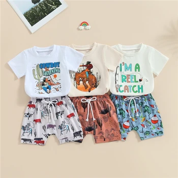 Toddler Zīdaiņu Bērnu Zēniem Vasarā 2-Gabals Apģērbu, Rietumu Drukāt Īsām Piedurknēm T-Krekls un Elastīgās Bikses Tērpiem Komplekts