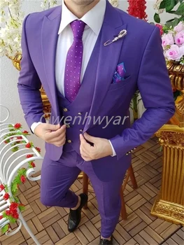 Gwenhwyar Modes Purpura Slim Fit Vīriešu Uzvalks Kāzām Līgavainis 3 Gabals Jaka, Veste Bikses, Uzvalks Profesionālās Formālas Biznesa Žakete