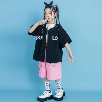 Bērniem Street Wear Hip Hop Apģērbu Balck Jaciņa Beisbola Krekls Topi Rozā Kravas Bikses, lai Meitene Zēns Džeza Deju Tērpu Apģērbs