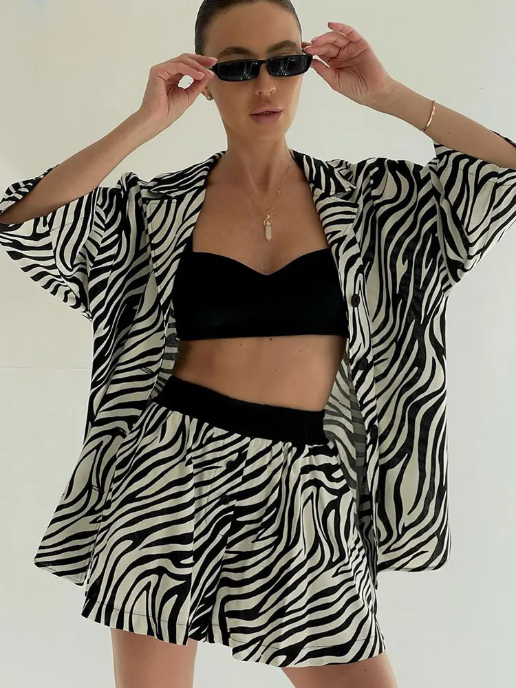 Brīvs Zebras Svītrainais Krekls 2gab Sievietes Tērps Vasaras Pusi Piedurknēm Top Elastīga Vidukļa Bikses Dāmas Tērpi 2022 Gadījuma Šiks Sieviešu Komplekts