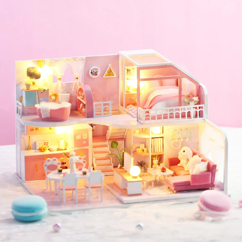DIY Namiņš Koka Leļļu Mājas Miniatūra Leļļu Mājas mēbeles, Mēbeles Komplekts Led Rotaļlietas Bērniem Dzimšanas dienas Dāvana