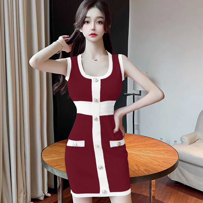 Korejas Vasaras Vintage Elegants Cēloņu Šiks Piedurknēm Tvertnes Veste Adīta Bodycon Sexy Zeķu Modes Svītru Kleita Vestido Drēbes